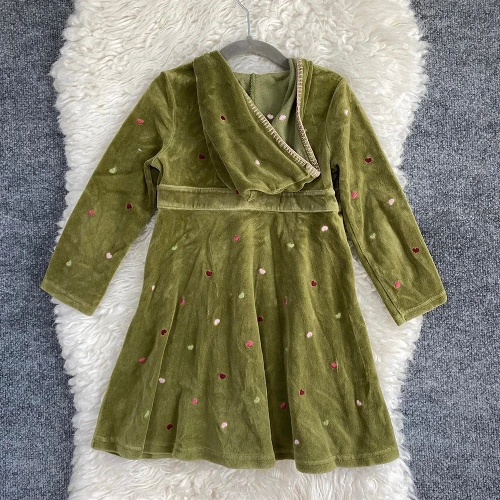 GYMBOREE KIDS GREEN EMBROIDERED HEARTS LONG SLEEVE DRESS HOODED